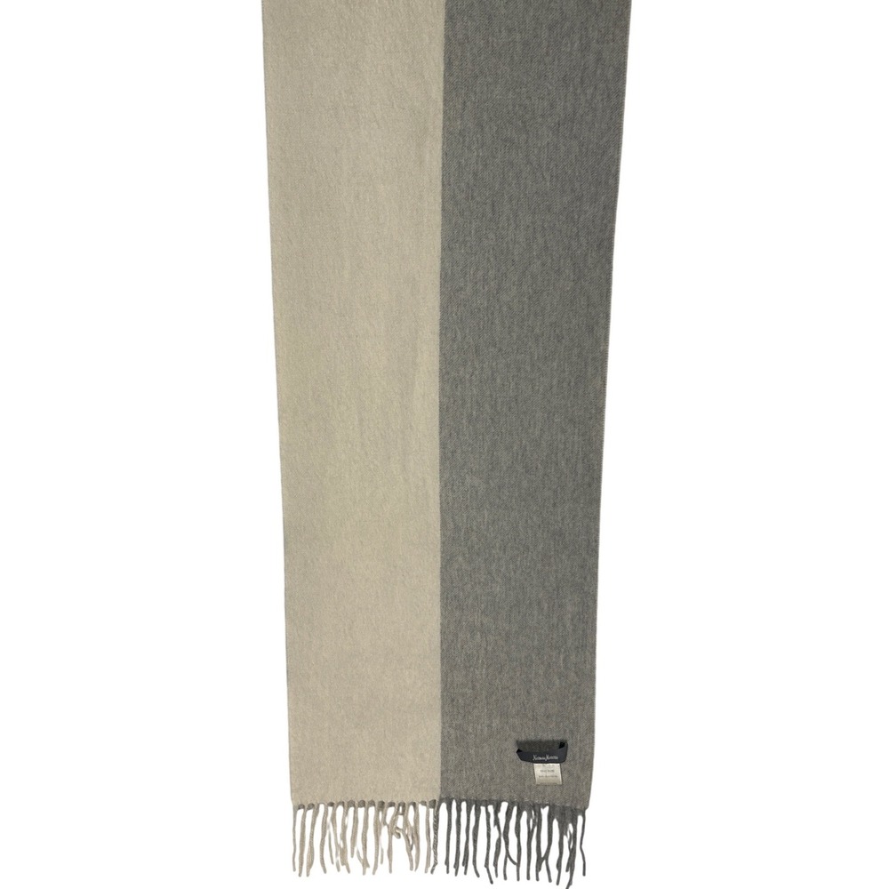 Neiman Marcus 100% Cashmere Scarf Grey Cream Color Block Fringe Trim Unisex